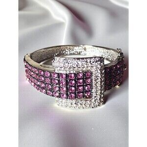 Y2K Pink Rhinestone Belt Buckle Bracelet Silver Tone Hinged Cuff McBling Glitz
